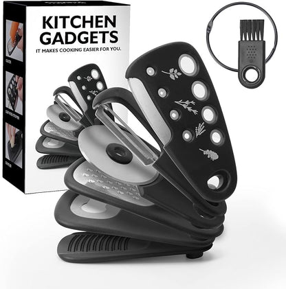 Kitchen Gadgets Set 6 Pieces, Space Saving Cooking Tools Kitchen Accessories-Garlic Grinder, Cheese Grater, Vegetable Peeler, Pizza Cutter, Herb Stripper, Bottle Opener, Gadgets Gift Set (Black)