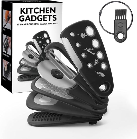 Kitchen Gadgets Set 6 Pieces, Space Saving Cooking Tools Kitchen Accessories-Garlic Grinder, Cheese Grater, Vegetable Peeler, Pizza Cutter, Herb Stripper, Bottle Opener, Gadgets Gift Set (Black)
