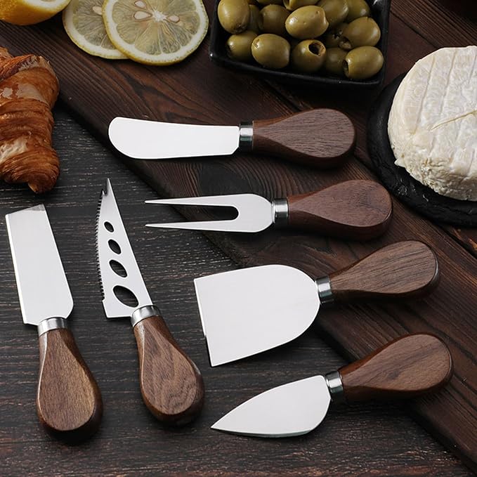 6 Piece Cheese Knives Set with Wooden Handle, Mini Steel Stainless Cheese knife set for Charcuterie and Cheese spread, Perfect for Cheese Slicer and Butter Cutter (Walnut wood, S)