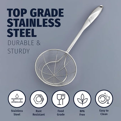Zulay Kitchen Premium Stainless Steel Skimmer Strainer Ladle - 15” Large Straining Spoon for Frying, Boiling & Blanching - Durable, Rust-Resistant & Heat-Proof Kitchen Tool for Everyday Use