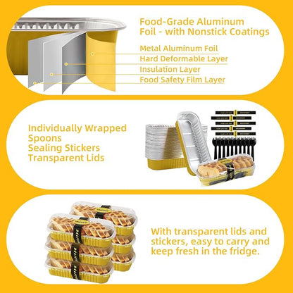 30 Pack Gold Mini Rectangular Aluminum Foil Loaf Pans with Lids 6.8oz, Spoons & Sealing Stickers Included - Perfect for Baking Mini Cakes, Parties & Gifting