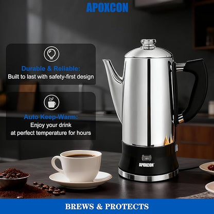 APOXCON Electric Coffee Percolator Stainless Steel Coffee Maker with Clear Brew Progress Tough Glass Knob and On/OFF Switch Classic Coffee Pot with Keep Warm & Cordless Serve No Aluminum (12 Cup)