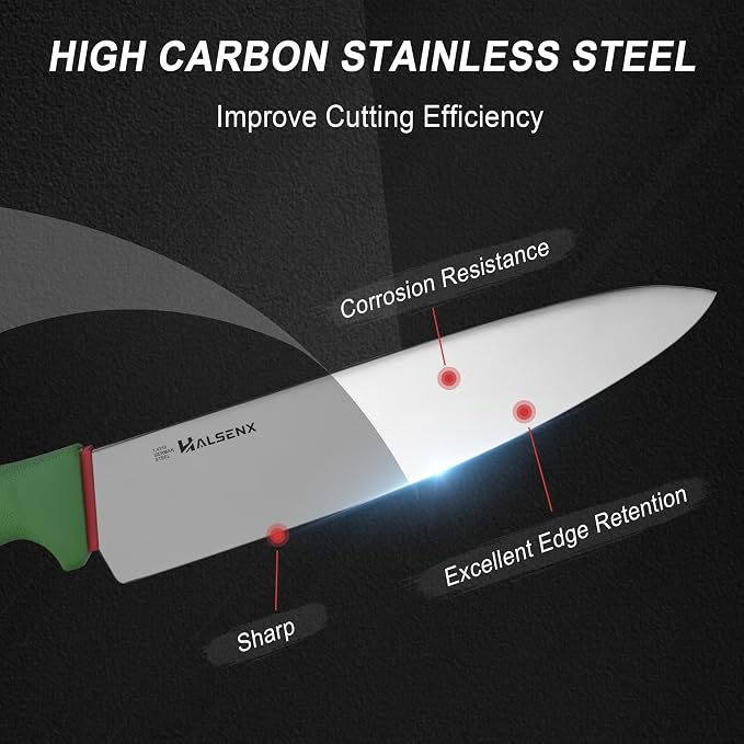 Chef Knife 10 Inch,High Carbon Stainless Sharp Blade with Non-Slip Softgrip, Multi-Purpose Kitchen Knife for Meat, Fruit & Vegetables Cutting (Green)