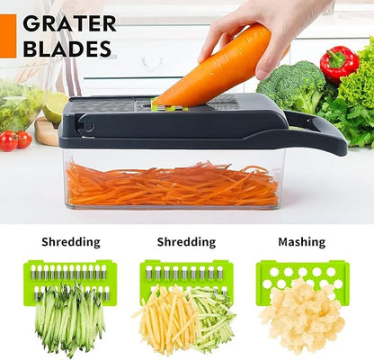 Vegetable Chopper: 16 in 1 Food Chopper - Onion Vegetable Slicer Cutter Dicer, Veggie Cutter with Container, 7 Blades, Kitchen Gadgets for Carrot Salad Garlic Potato Slicer (Grey)