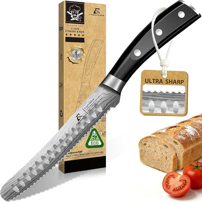 CoquusAid Kitchen Utility Knife, 5 inch Serrated Ultra Sharp Blade, Paring knives, Round Tip Tomato Knife, Ergonomic Handle, Full Tang – Forged High Carbon German Steel, Ideal for Gift (Black)