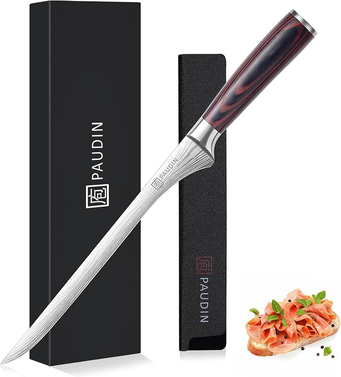 PAUDIN Carving Knife, 10 Inch Ham Slicing Knife for Meat Cutting, High Carbon Stainless Steel, Ergonomic Pakkawood Handle with Sheath, Ultra Sharp Blade for Prosciutto/Jamon Serrano, Gift Box