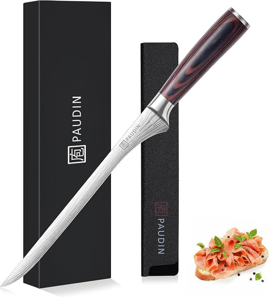 PAUDIN Carving Knife, 10 Inch Ham Slicing Knife for Meat Cutting, High Carbon Stainless Steel, Ergonomic Pakkawood Handle with Sheath, Ultra Sharp Blade for Prosciutto/Jamon Serrano, Gift Box