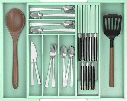 Bamboo Kitchen Drawer Organizer, Expandable Silverware Organizer with Removable Knife Block, 6-8 Slots- Utensil Holder & Cutlery Tray Drawer Dividers, 2.36" Deep for Extra Capacity, Cyan