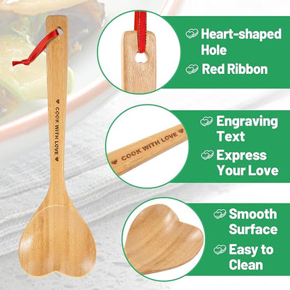 Bamboo Heart Shaped Spoon for Cooking - Wooden Cook with Love Spoon Kitchen Utensils, Mother's Day Gifts for Grandma Mom Couple Wife Hostesses House Warming