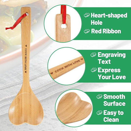 Bamboo Heart Shaped Spoon for Cooking - Wooden Cook with Love Spoon Kitchen Utensils, Mother's Day Gifts for Grandma Mom Couple Wife Hostesses House Warming