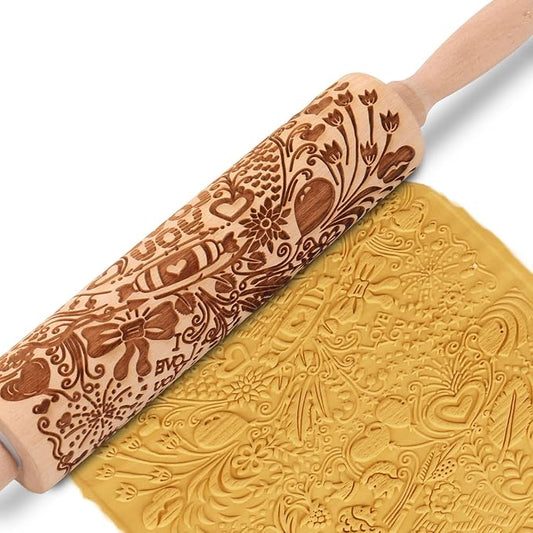 Valentine Embossed Rolling Pins for Cookies, Wooden Engraved Rolling Pin for Baking, Embossing Rolling Pin with Design Patterned Rolling Pin Decorative Springerle Cookie Mold Stamp Clay Pattern Roller