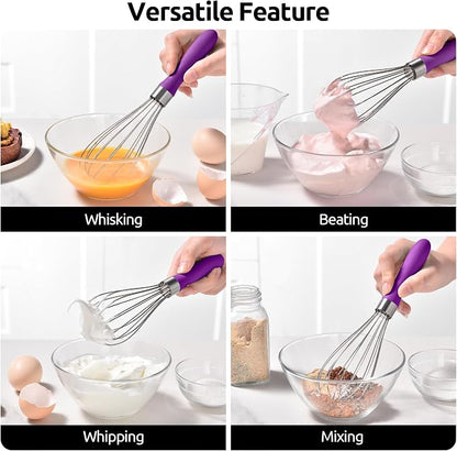U-Taste 9" Small Egg Whisk: 18/10 Stainless Steel Kitchen Cooking Wire Balloon Wisk, Heavy Duty Metal Beater Stirrer, Manual Baking Tool with 6 Flex Wires for Hand Mixing, Blending Sauce (Purple)