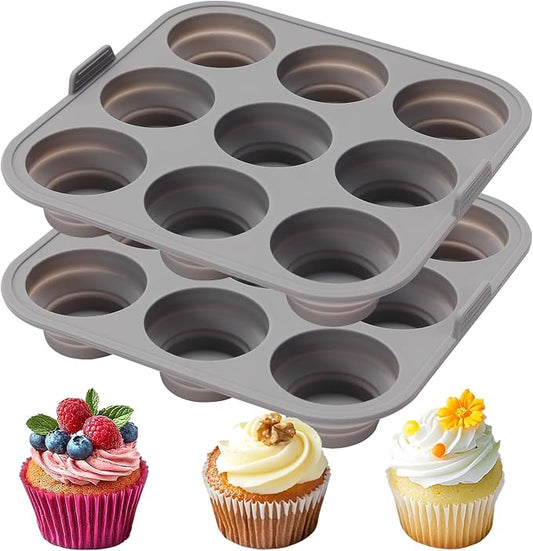 9-Cavity Silicone Mold Pan for Tiered Mini Cakes, Set of 2, Non-Stick Collapsible Cupcake Baking Tray for Muffin, Grey