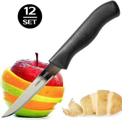 Paring and Garnishing Knife, 12-Piece Set, Knives with Straight Edge 3 Inch Blade, Stainless Steel, Spear Point, Fruit and Vegetable Cutting and Peeling, Black