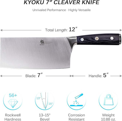KYOKU Samurai Series - 7" Cleaver Knife - Full Tang - Japanese Style High Carbon Steel Kitchen Knives - Pakkawood Handle with Mosaic Pin - with Sheath & Case