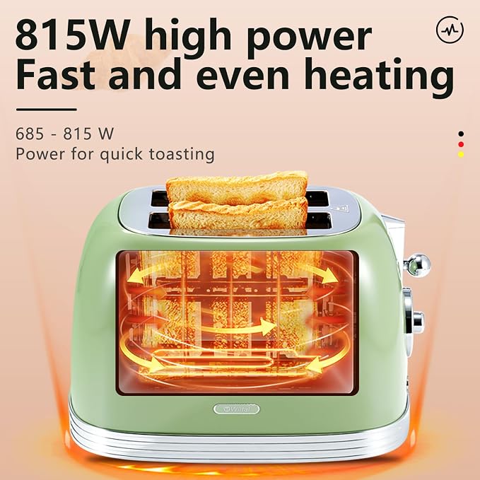 Wiltal Green Cute Retro Toaster 2 Slice with 1.58" Wide Slots, with Stainless Steel Lid, with Warming Rack, Preheat, Defrost, Countdown Timer Display