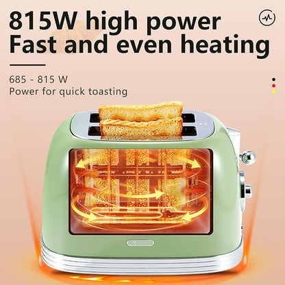 Wiltal Green Cute Retro Toaster 2 Slice with 1.58" Wide Slots, with Stainless Steel Lid, with Warming Rack, Preheat, Defrost, Countdown Timer Display