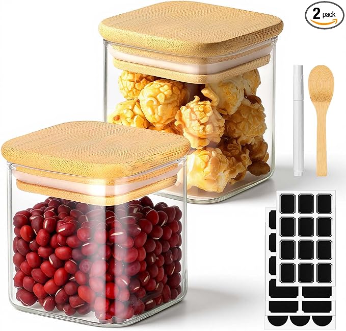 Square Glass Jars with Bamboo Lids Set of 2, 4 Fl.oz Small Glass Spice Jars with Airtight Lid, Stackable Sugar Coffee Containers Clear Food Storage Canister for Loose Tea, Jam, Seasoning