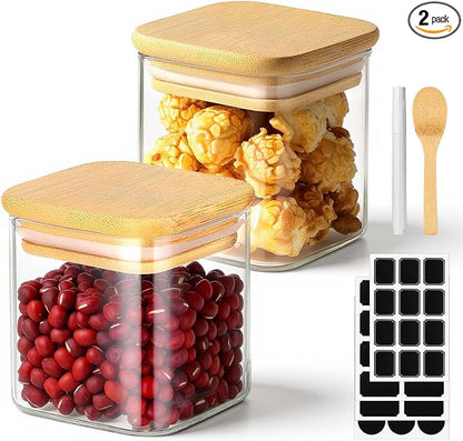 Square Glass Jars with Bamboo Lids Set of 2, 4 Fl.oz Small Glass Spice Jars with Airtight Lid, Stackable Sugar Coffee Containers Clear Food Storage Canister for Loose Tea, Jam, Seasoning