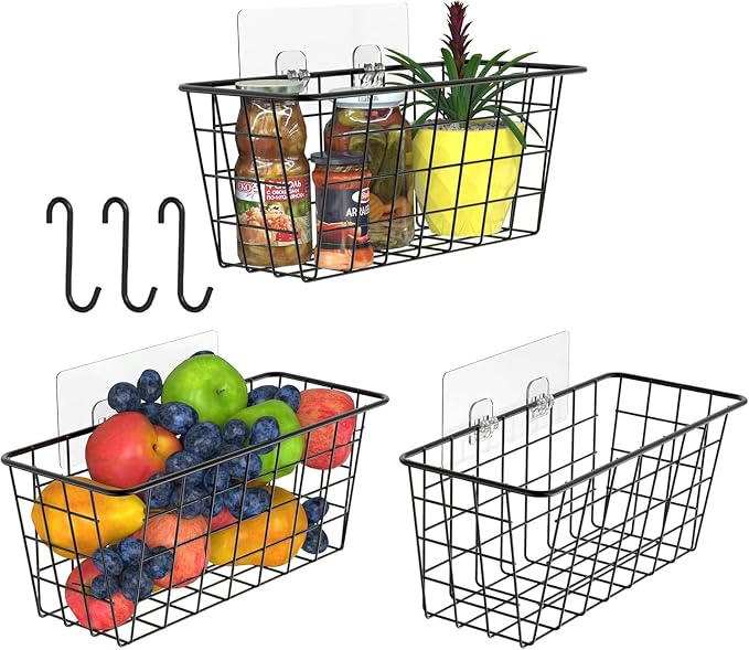 MaraFansie Over the Cabinet Door Organizer Wall Wire Baskets Hanging Kitchen Basket Shelf for Cabinet & Pantry Organization and Kitchen, Bathroom, Bedroom Storage, with Adhesive, Black, 3 Pack