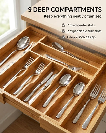 Expandable Bamboo Silverware Drawer Organizer, 5-7 Compartments | Expands to Fit Most Drawers, 5-7 Compartments, Dual-Zone Storage for Flatware and Large Utensils