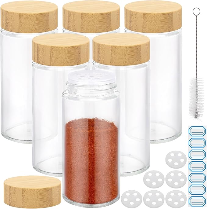Segarty 4oz Spice Jars with Bamboo Shaker Lids, 6 PCS 120ml Round Condiment Containers, Empty Glass Seasoning Organizers Spices Cereal Storage Set, Salt and Pepper Shakers with 7 Stickers and 1 Brush