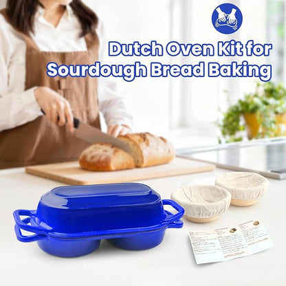 YONILL Mini Double Dutch Oven for Sourdough Bread Baking - Enameled Cast Iron Dutch Oven Pot with Lid and 5" Banneton Bread Proofing Basket Kit, Dual Round Bread Loaf Pan for Homemade Baking (Dark Blue)