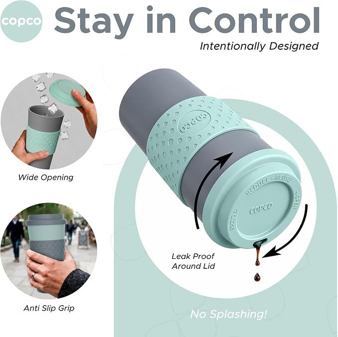 Copco Acadia 16oz Travel Mug with Lid, Set of 2 Double Wall Insulated Tumbler, Non-Slip Sleeve and BPA-Free - Microwave & Dishwasher Safe, Reusable Plastic To Go Travel Coffee Mug (Aqua/Gray)