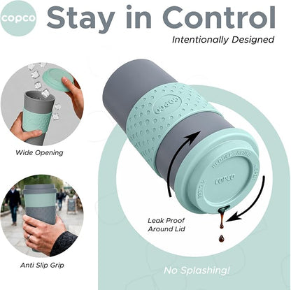 Copco Acadia 16oz Travel Mug with Lid, Set of 2 Double Wall Insulated Tumbler, Non-Slip Sleeve and BPA-Free - Microwave & Dishwasher Safe, Reusable Plastic To Go Travel Coffee Mug (Aqua/Gray)