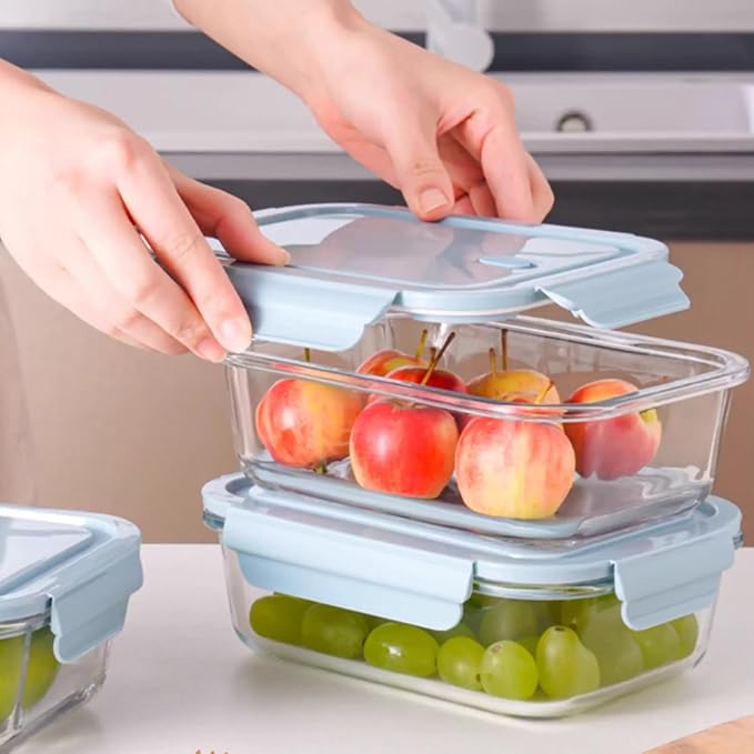 Glass Food Storage Containers with Lids, Airtight Meal Prep Containers, 4 Pack Set with Multiple Sizes (Blue)