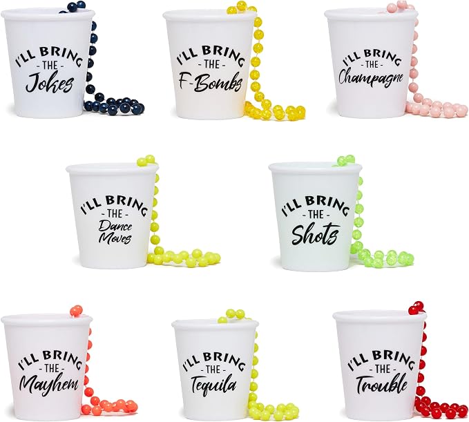 Funky Junque Shot Glass Necklaces for Bachelorette Party - Bride Tribe Favors, Bridal Shower Decorations - 8 Pack - Jokes Pack