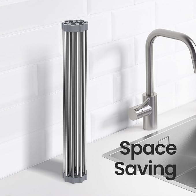 Roll Up Over Dish Rack 17.7”Lx15.5”W, Kitchen Drainer Rack, Gray