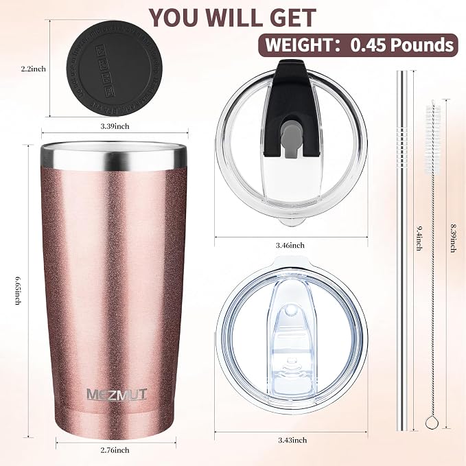 MEZMUT 20oz Tumbler Coffee Travel Mug with Daul Lid and Straw, Stainless Steel Double Wall Vacuum Spill Proof Insulated Tumbler, Hot or Iced Coffee Cups for Drinks (1Pack, Rose Gold)