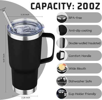 20 oz Tumbler with Handle Stainless Steel Insulated Coffee Tumbler with Lid and Straw Double Wall Vacuum Insulated Coffee Mug Leak Proof Travel Mug Tumbler for Hot and Cold Drink (Black,4pack)