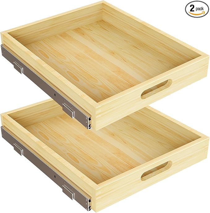 2 Set Pull Out Cabinet Organizer, Soft Close Slide Out Wood Drawer Storage Shelves for Kitchen, Base Cabinet Organization for Pantry, Finished, Heavy-Duty, Bottom Assembly (15” W x 21” D)