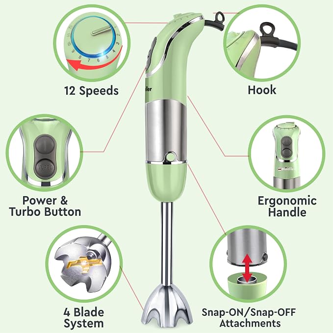 Mueller Multistick 800W 4-in-1 Immersion Blender Handheld, 12 Speed Hand Mixer - Turbo Boost, Heaviest Duty Copper Motor, Titanium Blades Hand Blender, Milk Frother Wand, Whisk, Beaker, Chopper, Green