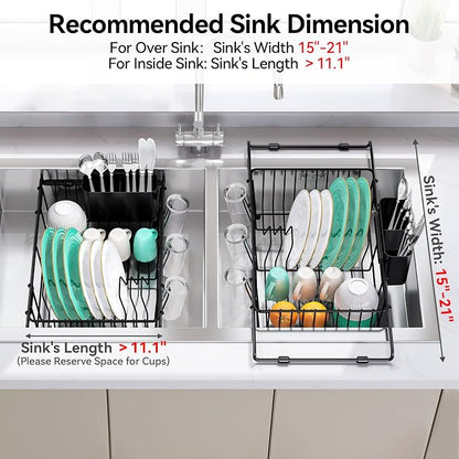 Urackify Dish Drying Rack in Sink, Expandable (15.35"-23.23" L) Over the Sink Dish Rack with Utensil Holder & Cup Holder for Compact Kitchen, Space - Saving Dish Drainer for Inside Sink, Black