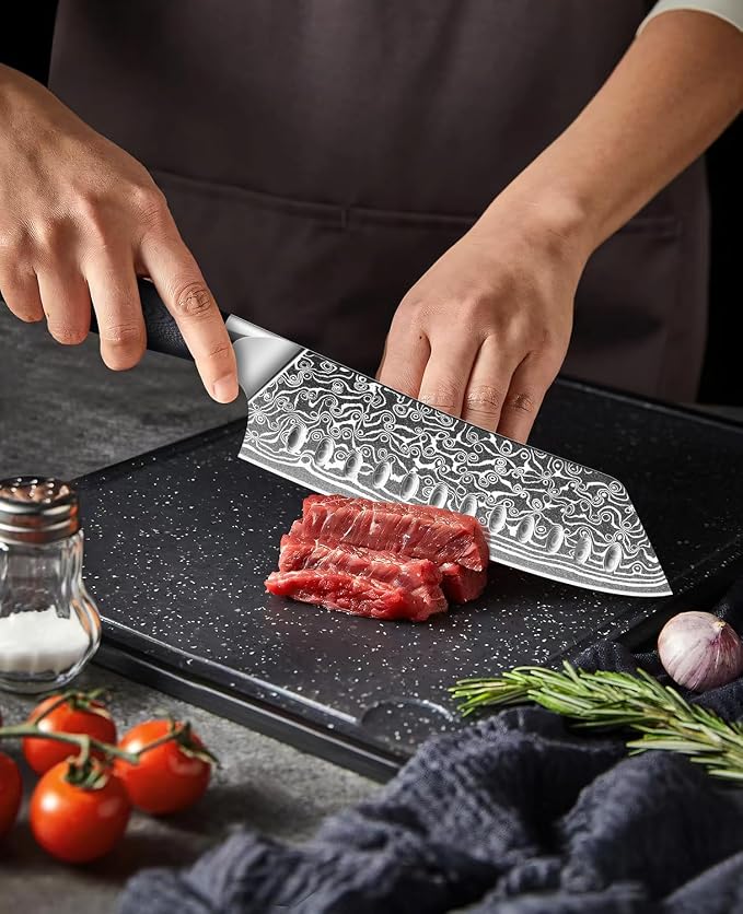 MOSFiATA Damascus 7" Santoku Knife, Damascus Stainless Steel VG10 Core, Chef's Knives Chopping Cooking Knife Set with G10 Handle Sharpener Gift Box