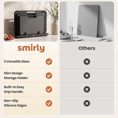 SMIRLY Plastic Cutting Board Set with Holder, Non-Slip Chopping Boards for Kitchen, Dishwasher Safe, Essential Kitchen Gadgets, 3 Pack, Dark Gray