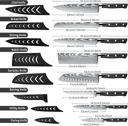 MDHAND Chef Knife Set with Roll Bag, 9PCS Professional Knife Set with Sharpener, High Carbon Stainless Steel Japanese Kitchen Knife Set - Forged Triple Rivet Handle, Dishwasher Safe, Chef Gifts, Black