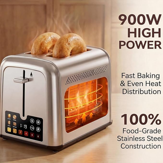 Touch Screen Toaster 2 Slice, Retro Stainless Steel Smart 2 Slice Toaster with Digital Timer,1.5" Wide Solt with 6 Shade Settings, Perfect for Waffles, Bagels and More 238TCB(Silver)