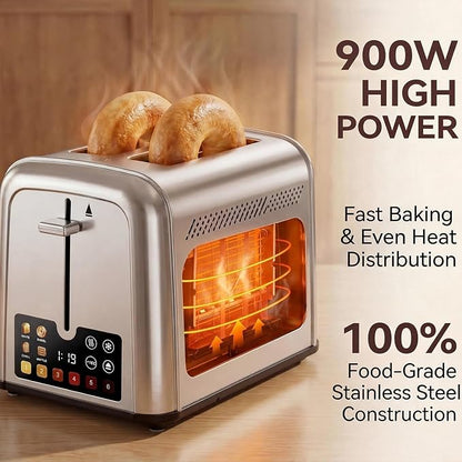 Touch Screen Toaster 2 Slice, Retro Stainless Steel Smart 2 Slice Toaster with Digital Timer,1.5" Wide Solt with 6 Shade Settings, Perfect for Waffles, Bagels and More 238TCB(Silver)