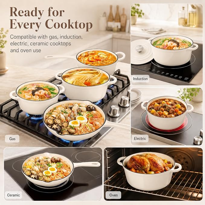 Hisencn Enameled Cast Iron Cookware Set - 7-Piece Ceramic Coated Cast Iron Cookware Set, Dutch Ovens, Sauce Pan, Skillet, 3 Lids, Heavy Duty Cookware, Gas/Induction Compatible, PFA Free, Cream White