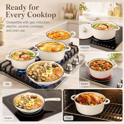 Hisencn Enameled Cast Iron Cookware Set - 7-Piece Ceramic Coated Cast Iron Cookware Set, Dutch Ovens, Sauce Pan, Skillet, 3 Lids, Heavy Duty Cookware, Gas/Induction Compatible, PFA Free, Cream White