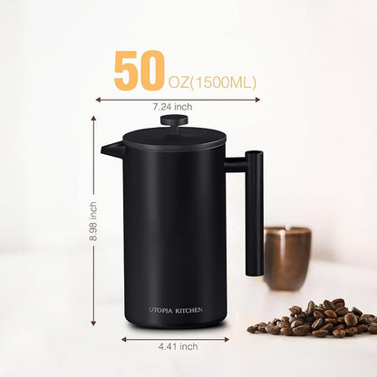 Utopia Kitchen 304 Grade Stainless Steel French Press Coffee Maker 50 Oz, Double Wall Insulated Coffee Press with 4-Level Filtration system, Include 2 Extra Filters, Rust-Free, Black