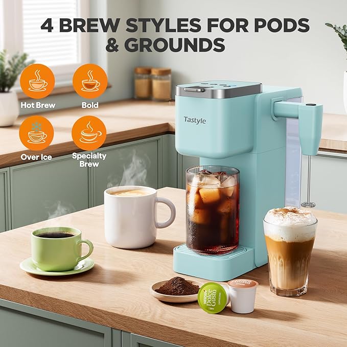 Tastyle 330MF Single Serve Coffee Maker with Built-in Detachable Milk Frother, Iced and Hot Coffee Machine for K Cup & Grounds, 40oz Removable Water Reservoir, 6 Cup Sizes, Fits 7.3" Travel Mug, Teal