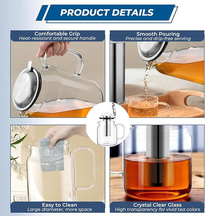 Aquach 85oz Glass Teapot with Stainless Steel Removable Infuser, Stovetop & Dishwasher Safe, Ideal for Brewing Loose Leaf & Blooming Tea