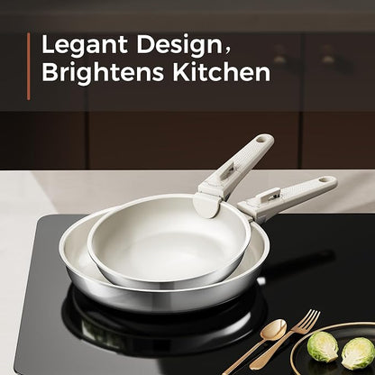 16PCS Pots and Pans Set Non Stick, Diamond-Titanium Ceramic Cookware Set & 3 Layer Stainless Steel with Detachable Handle, Induction Cookware, Non Toxic Oven/Dishwasher Safe, White