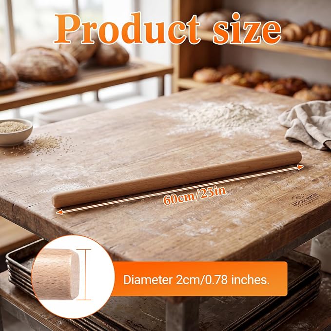 Gisafai 2 Pack Thin Rolling Pins Extra Long 3/4-inch Diameter Wooden Baking Dough Rolling Pins 23.62 In/ 60 cm Long Handmade for Large Baking, Tortilla, Bread, Nut Tart, Pizza