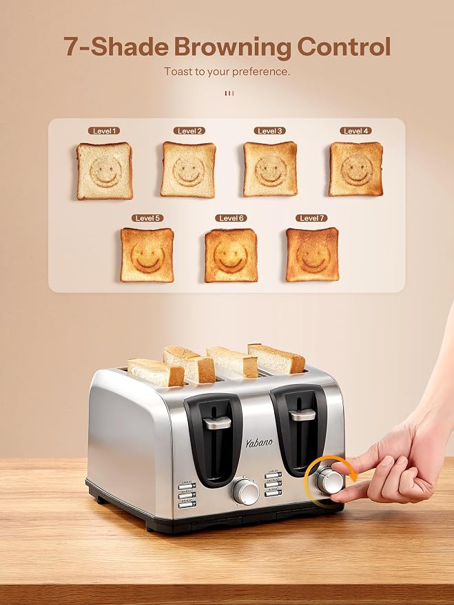 Yabano 4 Slice Toaster, Toaster with Extra Wide Slot and 7-Shade Settings, Defrost and Reheat Function, Make Toast with Smiley Faces, Stainless Steel